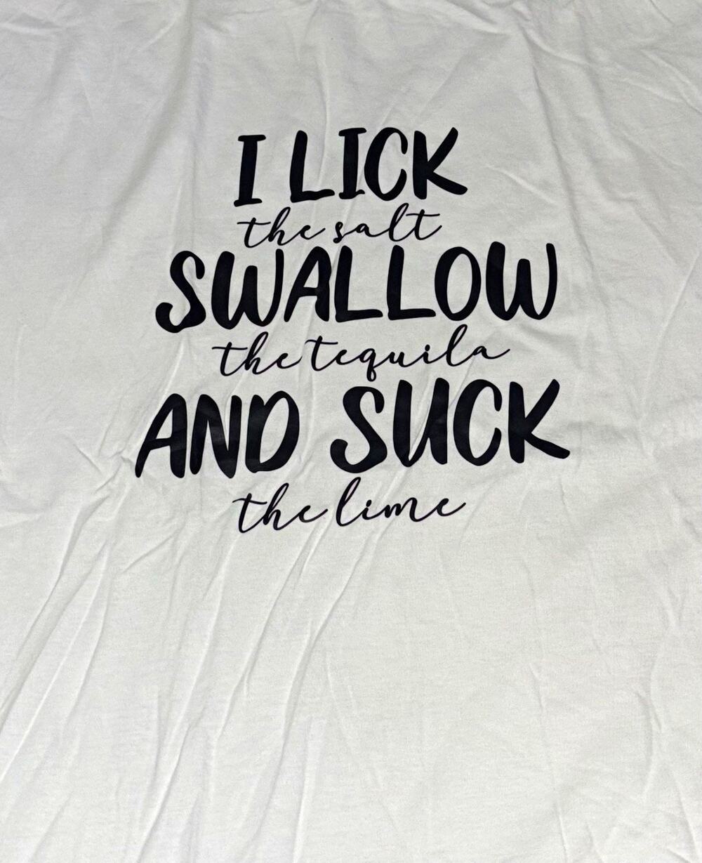 Funny adult Graphic Print T-Shirt L Short Sleeve Round Neck "I Lick the Salt"